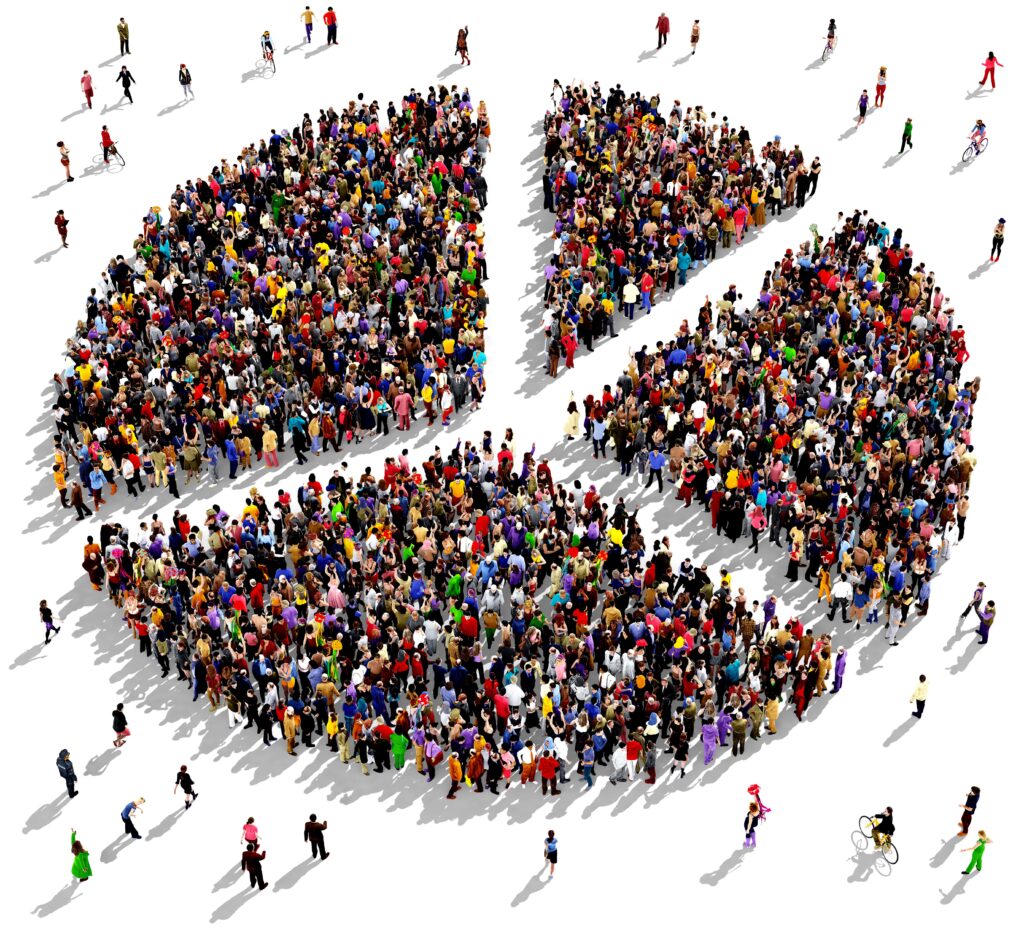 Large group of people seen from above gathered together in the shape of a pie chart