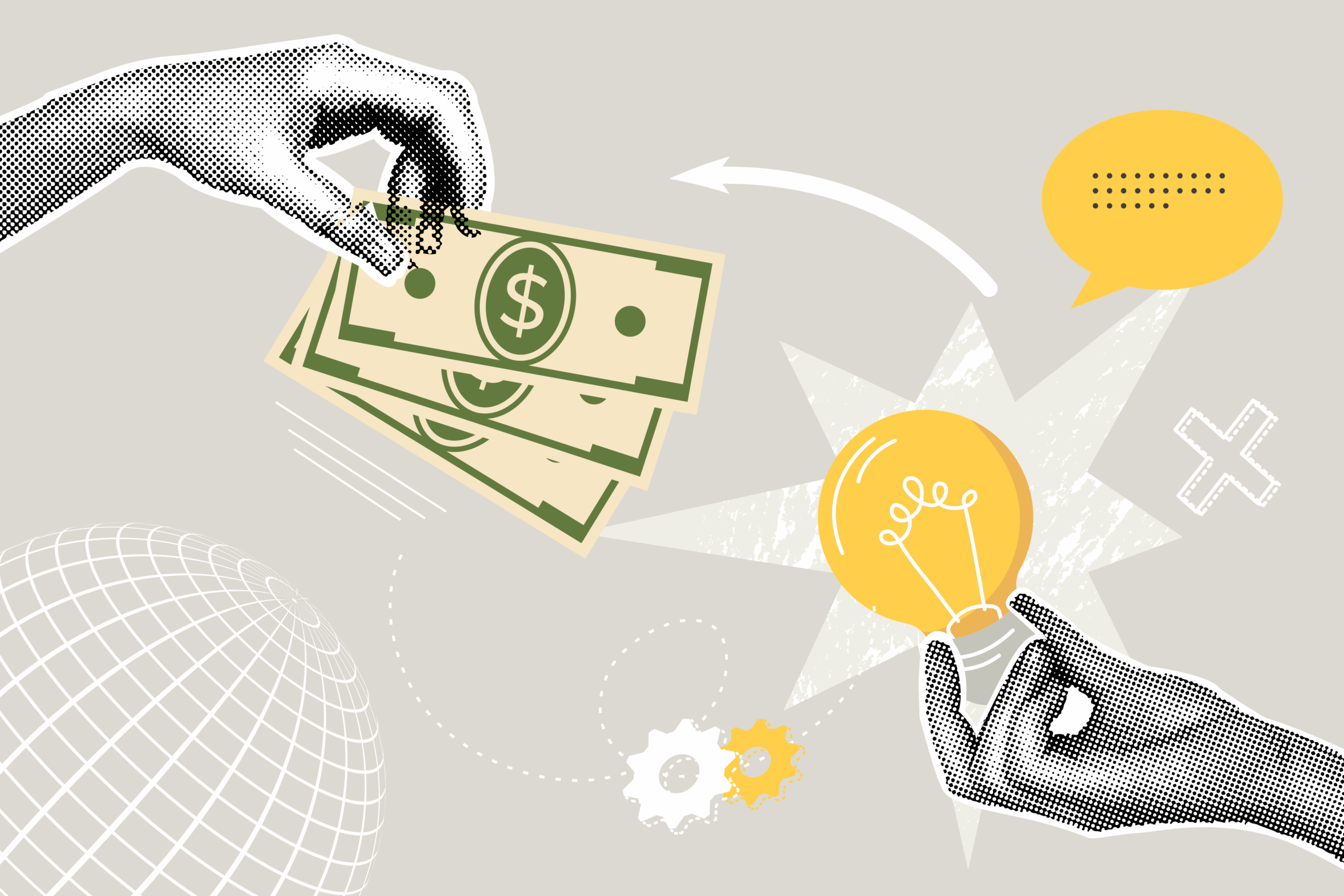 Halftone illustration of hands holding money and idea lightbulb