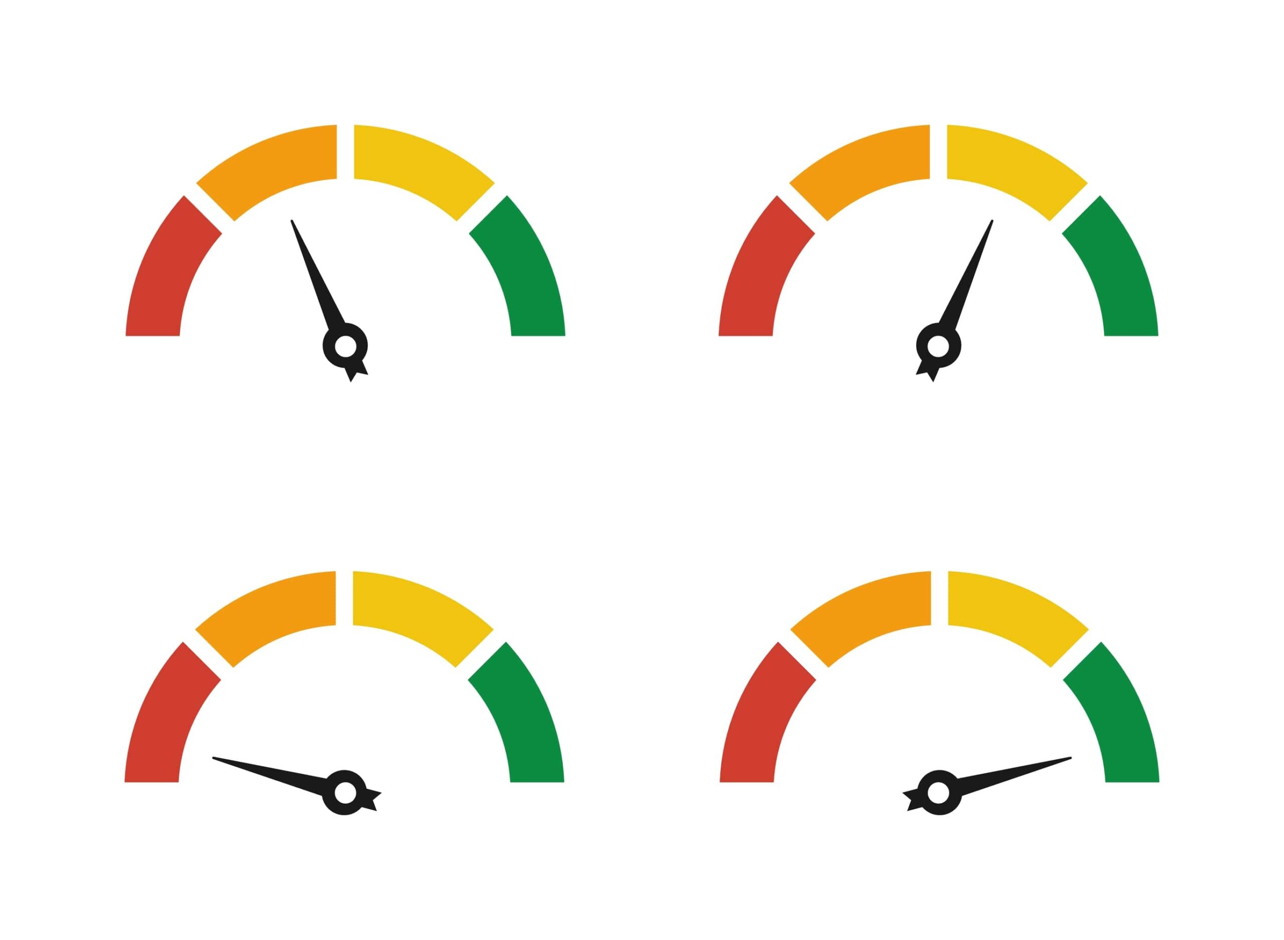 Four speed gauges colored red, orange, yellow, and green signaling site health and speed for SEO.