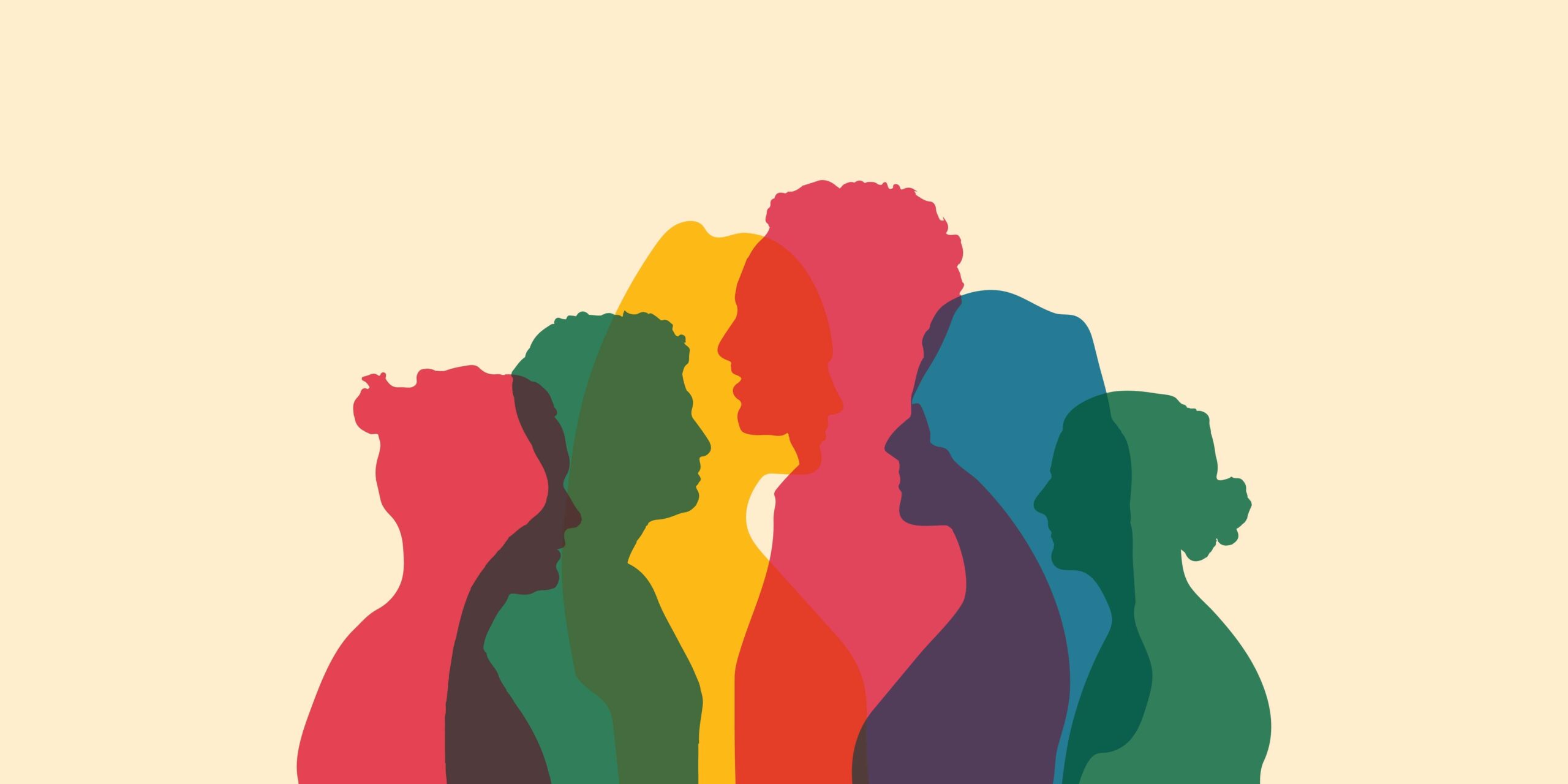 Illustration of six overlapping, multicolored human silhouettes facing different directions on a light beige background, symbolizing diversity, unity, and the value of a human strategy.