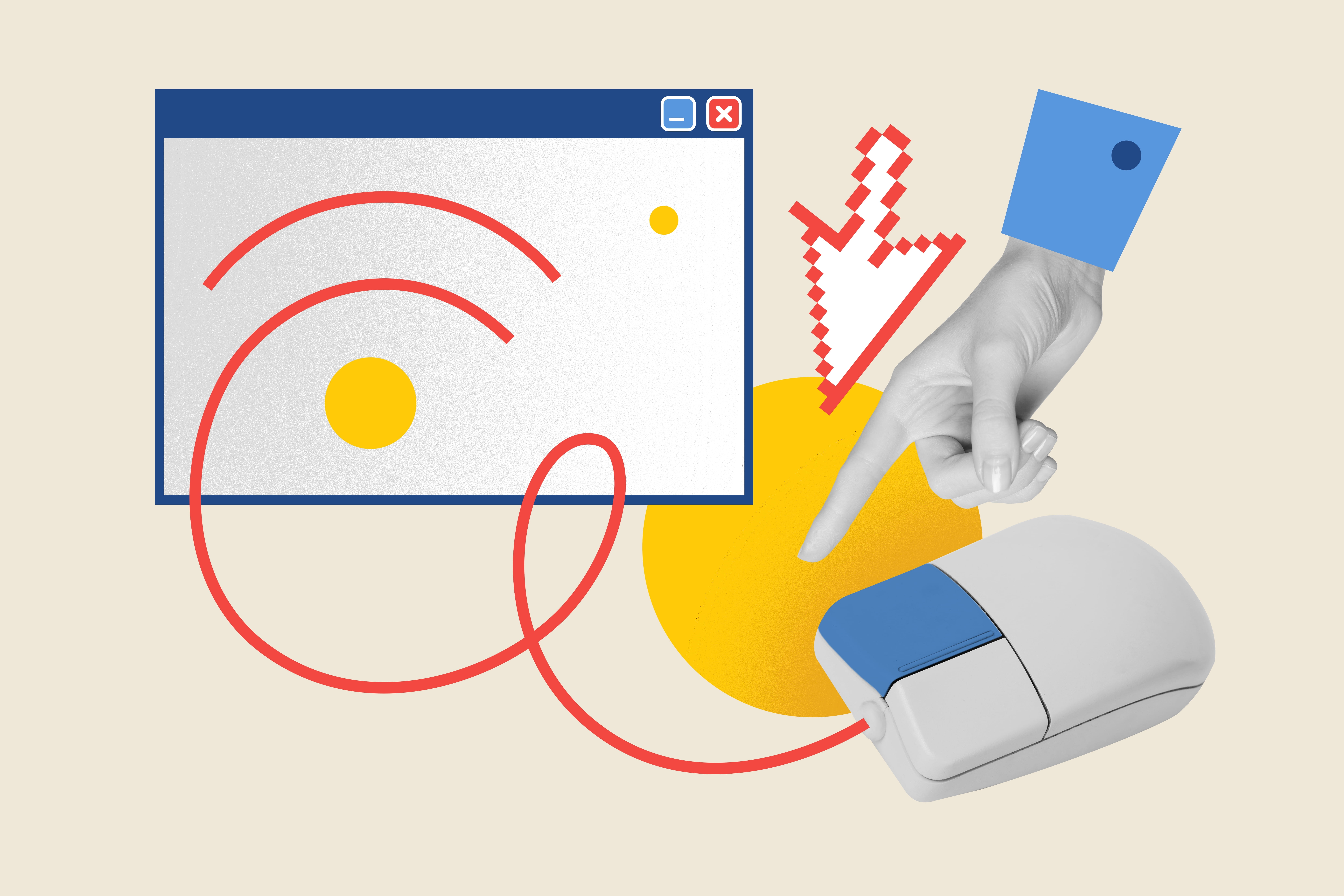 A collage showing a computer window, a white mouse with a red cord, a digital hand cursor, and a real hand pointing at a yellow circle—evoking the high traffic and conversions often driven by engaging ads—set against a beige background.