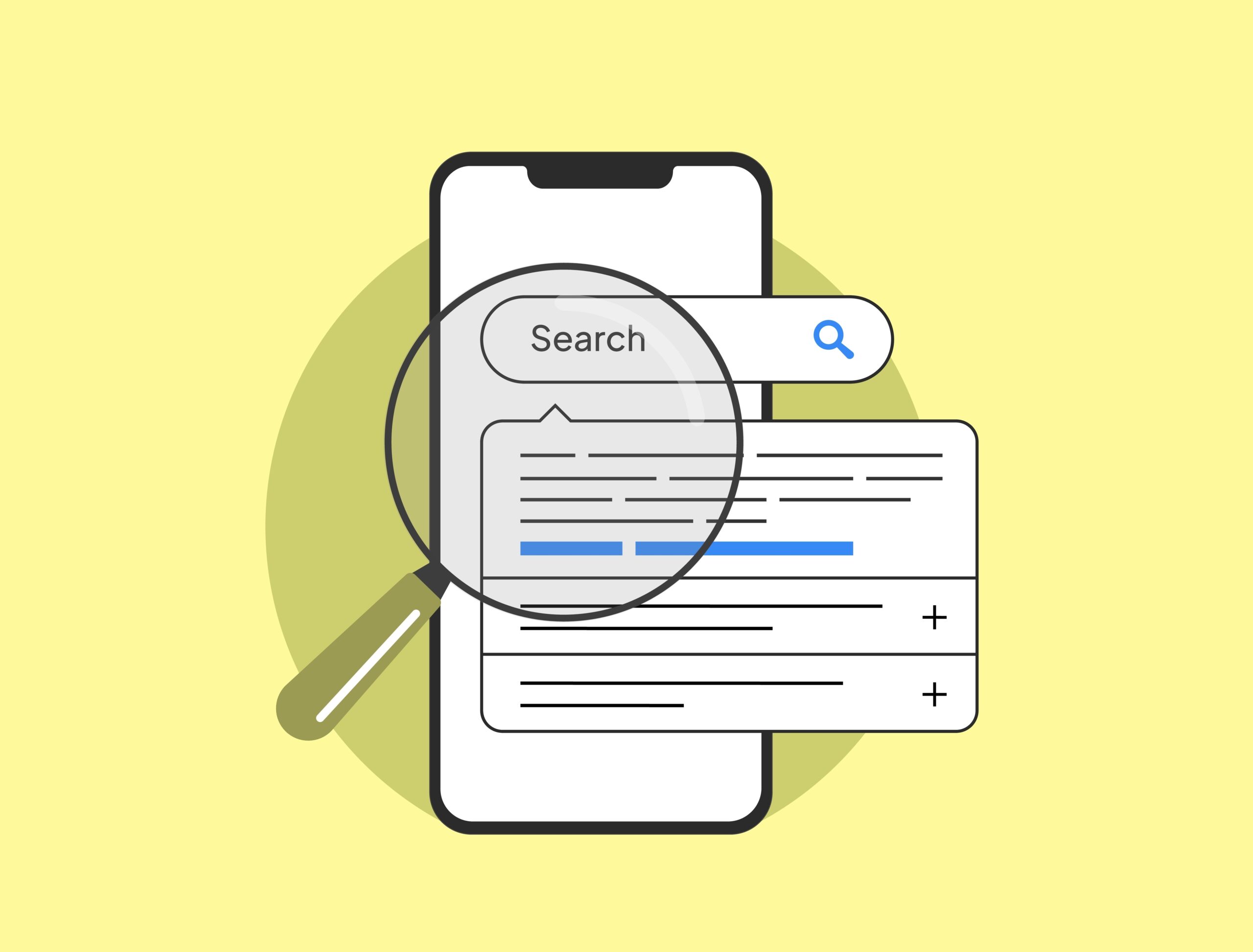 Illustration of a smartphone with a search bar at the top, highlighting search intent with a magnifying glass overlay and search results below, all set against a yellow background.