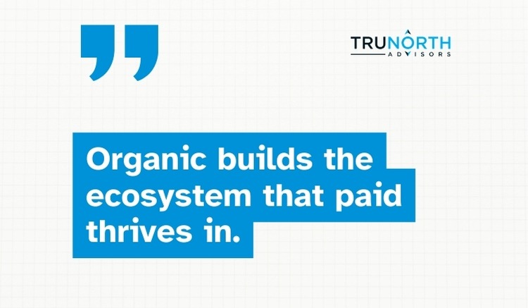 A quote graphic with large blue quotation marks and the text “Organic marketing builds the ecosystem that paid thrives in.” TRUNORTH ADVISORS logo is in the top right corner on a white grid background.