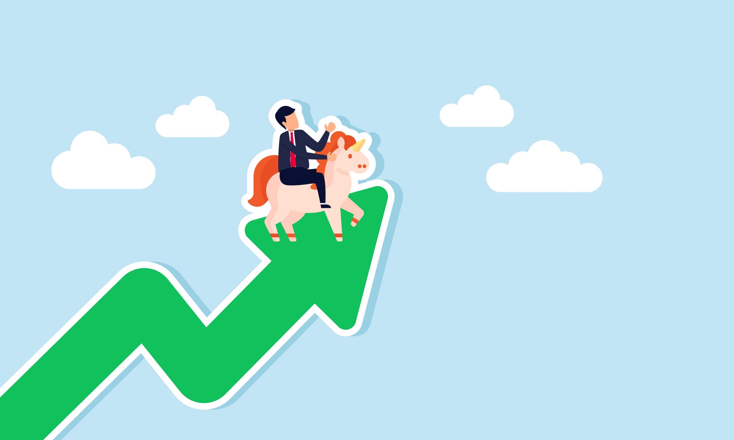 Illustration of a person in a business suit riding a unicorn on top of a large upward-pointing green arrow, symbolizing business growth or ROI, with clouds in the background.