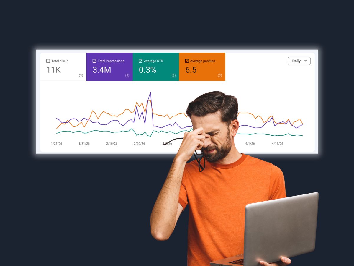 A man in an orange shirt holding a laptop and rubbing his eyes stands in front of a screen displaying Google Search Console web analytics data, including total clicks, impressions, CTR, and average position in colored boxes above a line graph.
