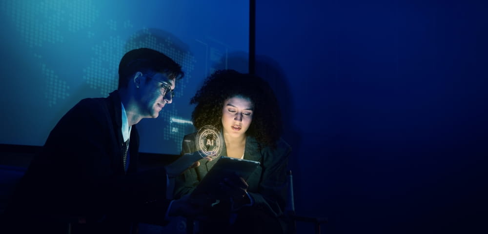 Two people in business attire sit in a dimly lit room, looking at a tablet. A glowing digital AI icon, symbolizing their focus on using AI, is projected above the tablet, casting light on their faces.