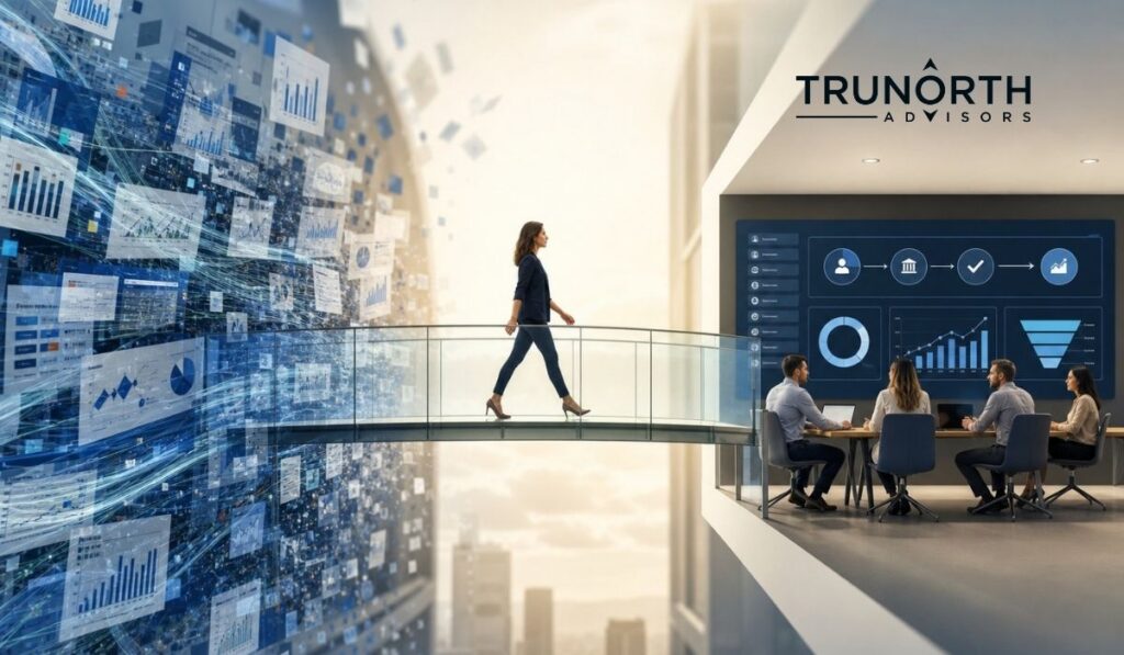 A woman walks on a glass bridge from a digital, data-filled space powered by AI to a meeting room where people discuss business with charts on a screen. The TruNorth Advisors logo is visible on the wall.